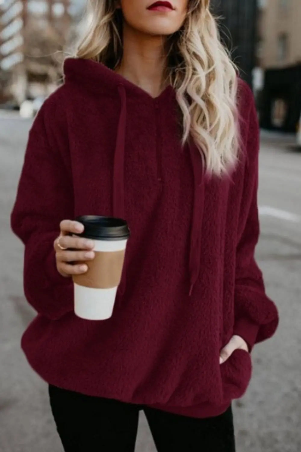 Full Size Quarter-Zip Drawstring Teddy Hoodie Trendsi