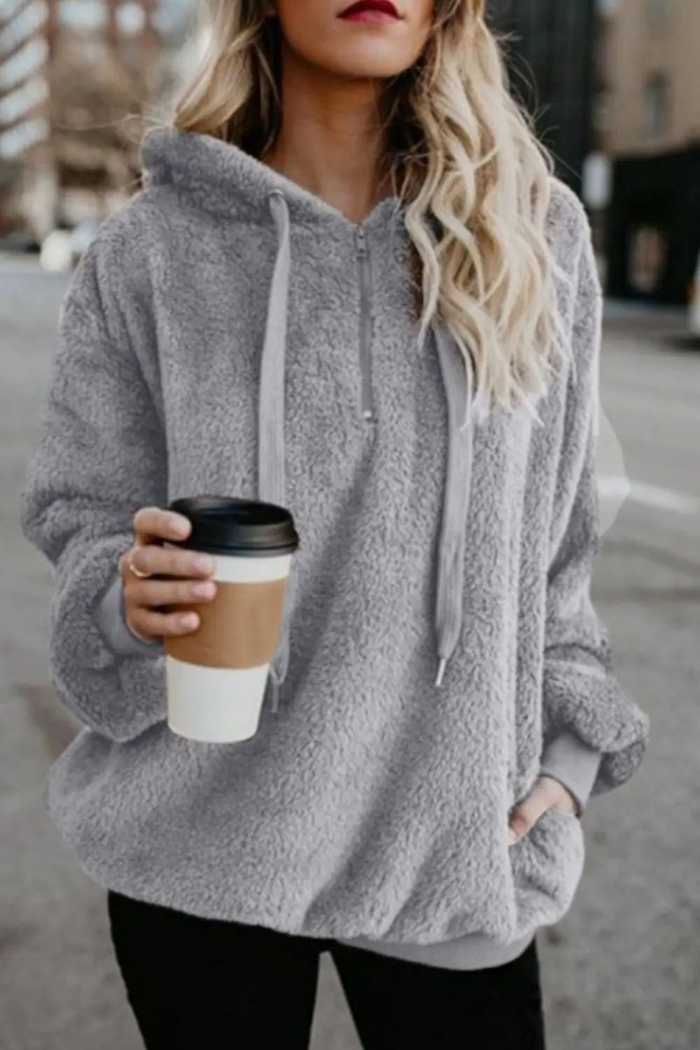 Full Size Quarter-Zip Drawstring Teddy Hoodie Trendsi