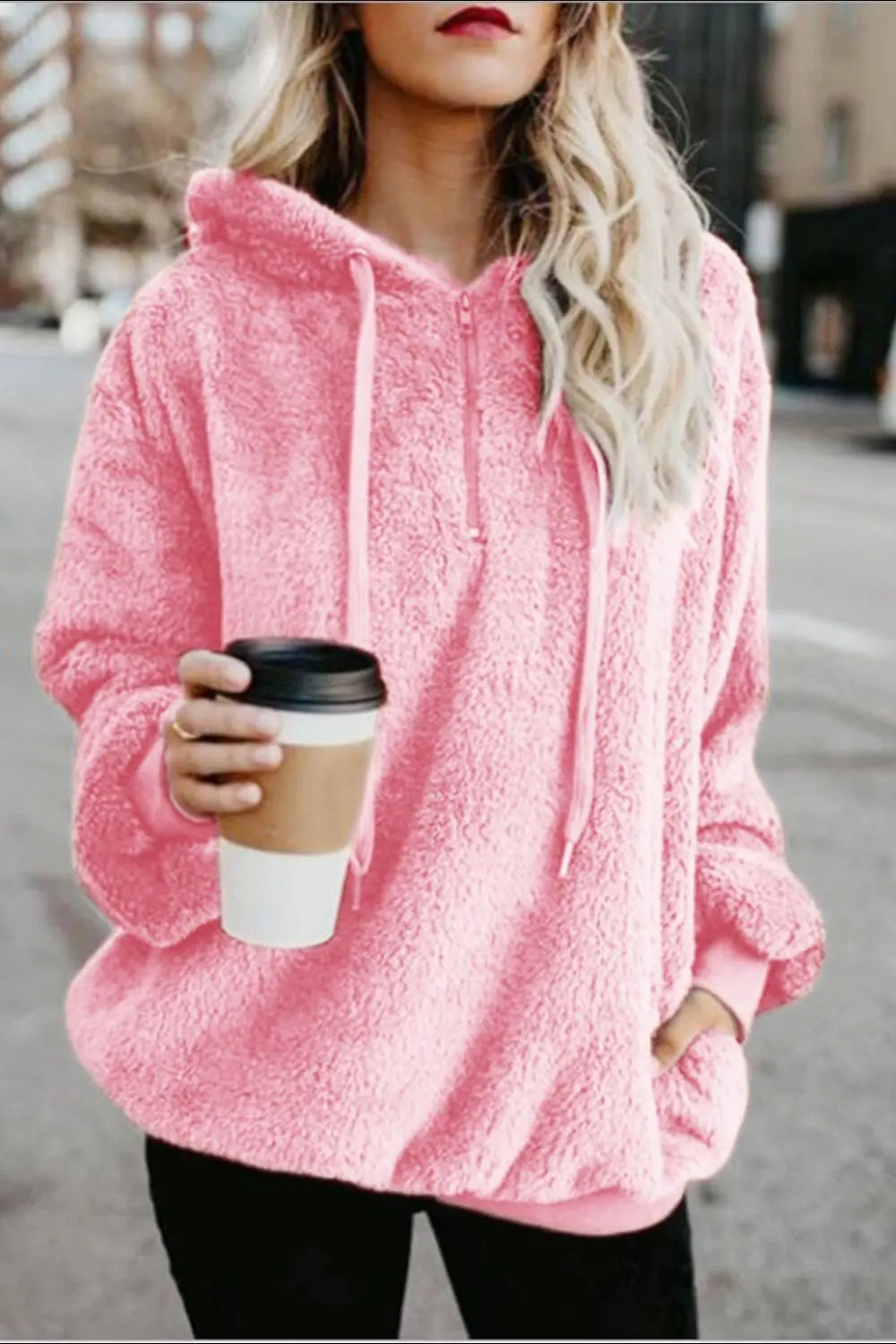 Full Size Quarter-Zip Drawstring Teddy Hoodie Trendsi