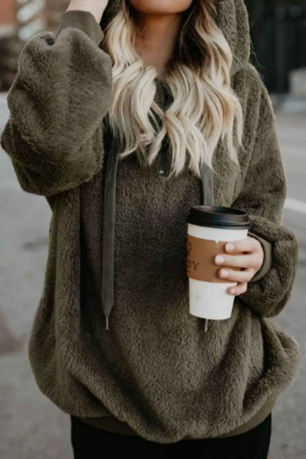 Full Size Quarter-Zip Drawstring Teddy Hoodie Trendsi