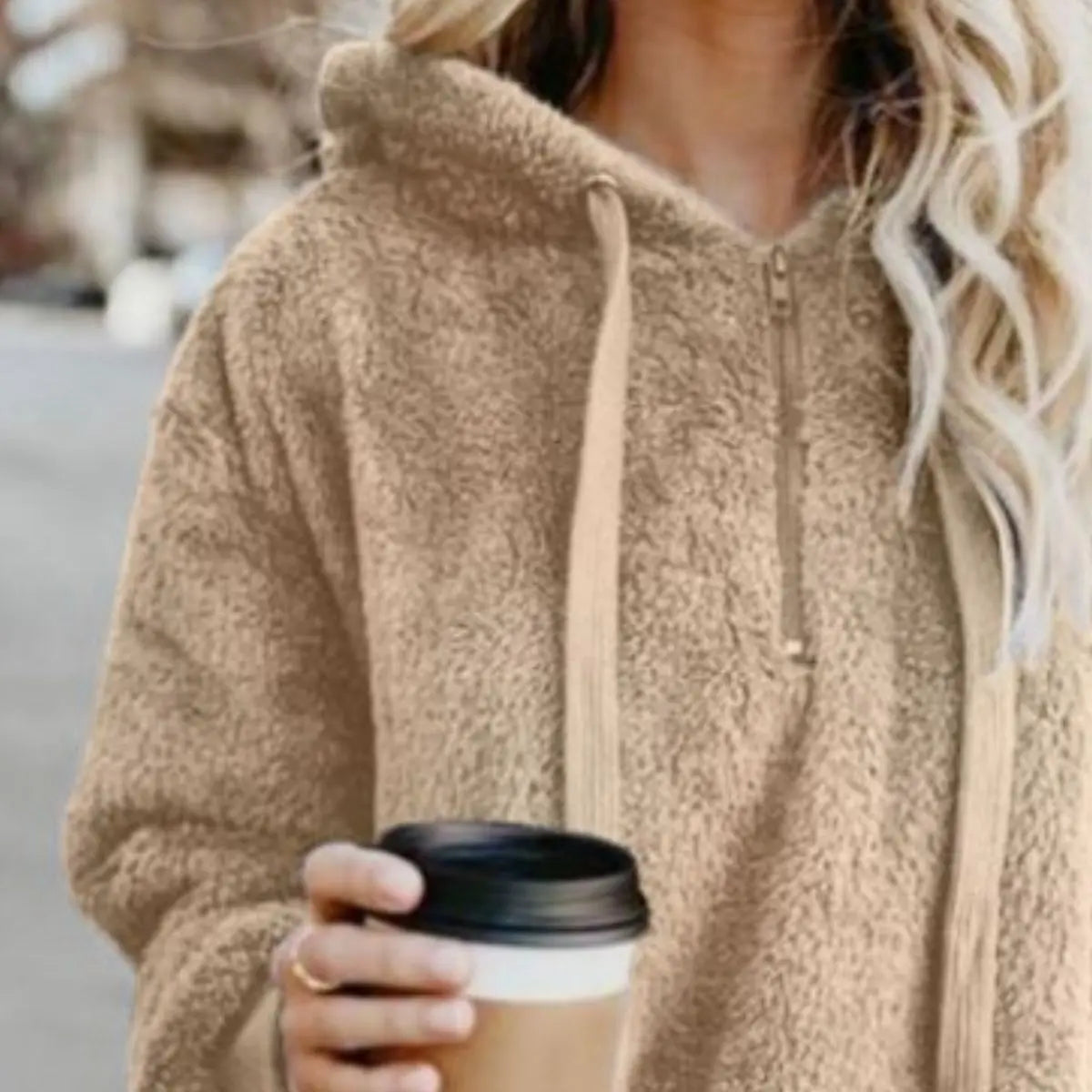 Full Size Quarter-Zip Drawstring Teddy Hoodie Trendsi