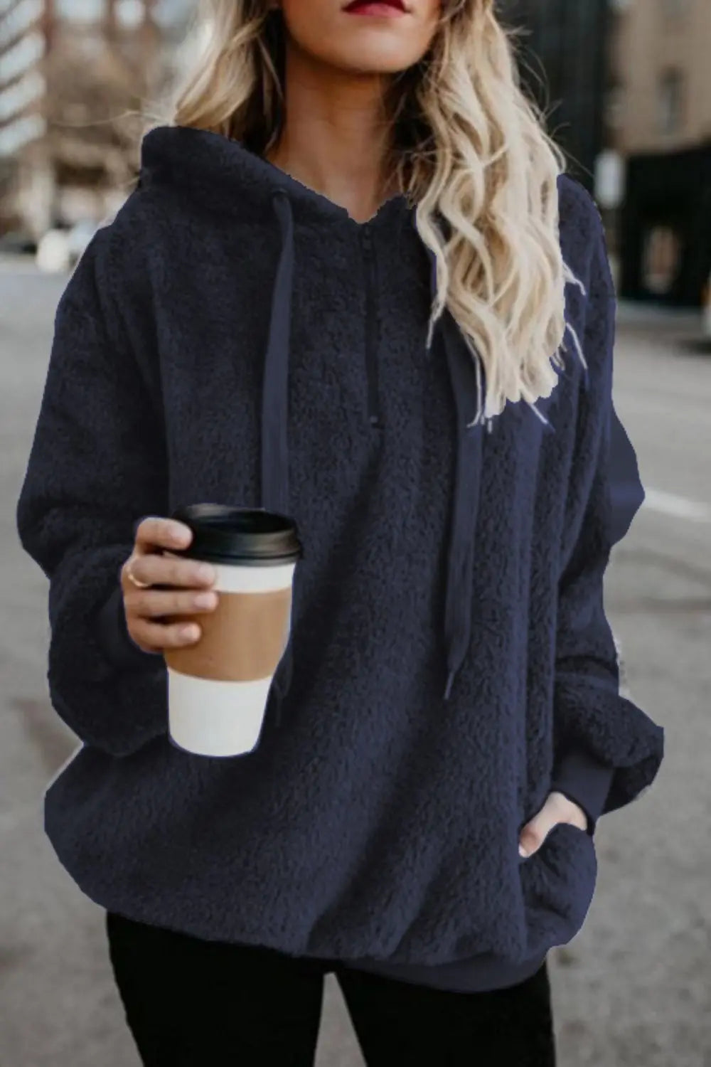 Full Size Quarter-Zip Drawstring Teddy Hoodie Trendsi