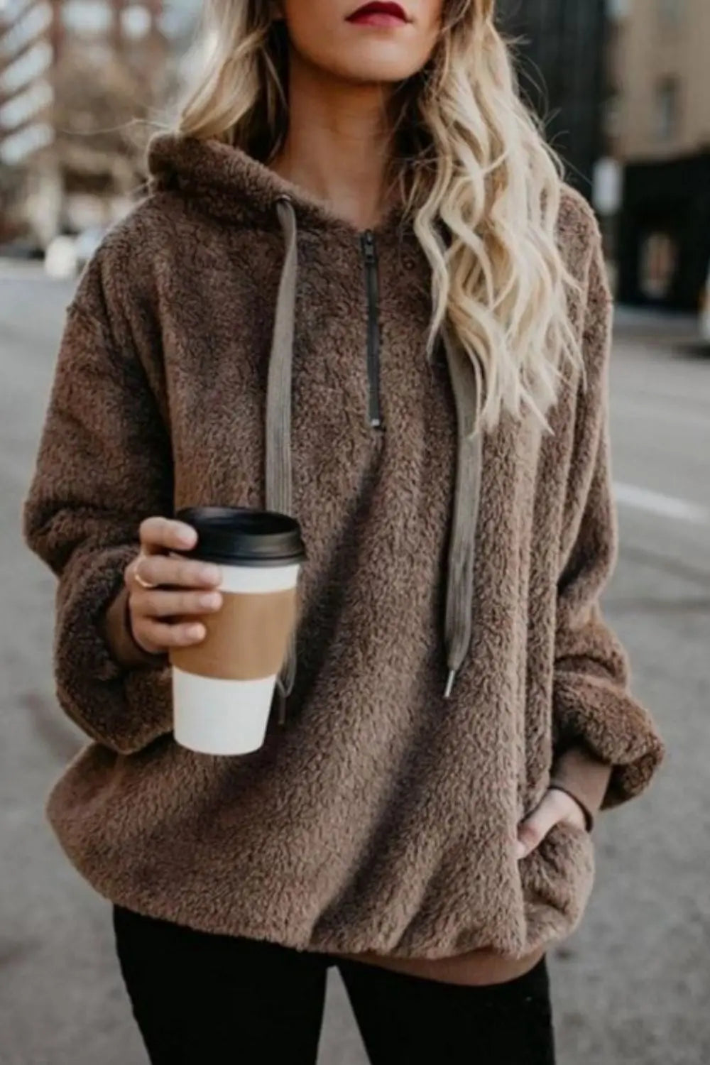 Full Size Quarter-Zip Drawstring Teddy Hoodie Trendsi