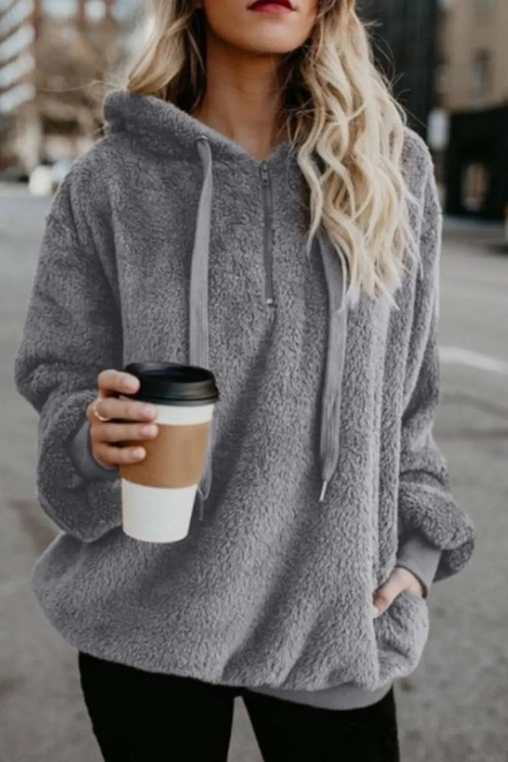 Full Size Quarter-Zip Drawstring Teddy Hoodie Trendsi