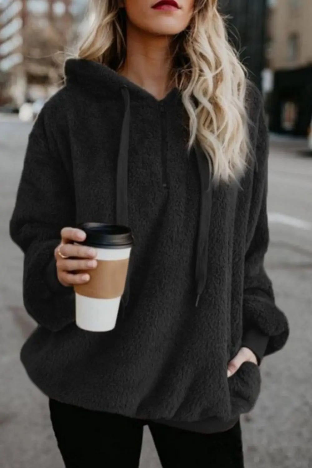 Full Size Quarter-Zip Drawstring Teddy Hoodie Trendsi