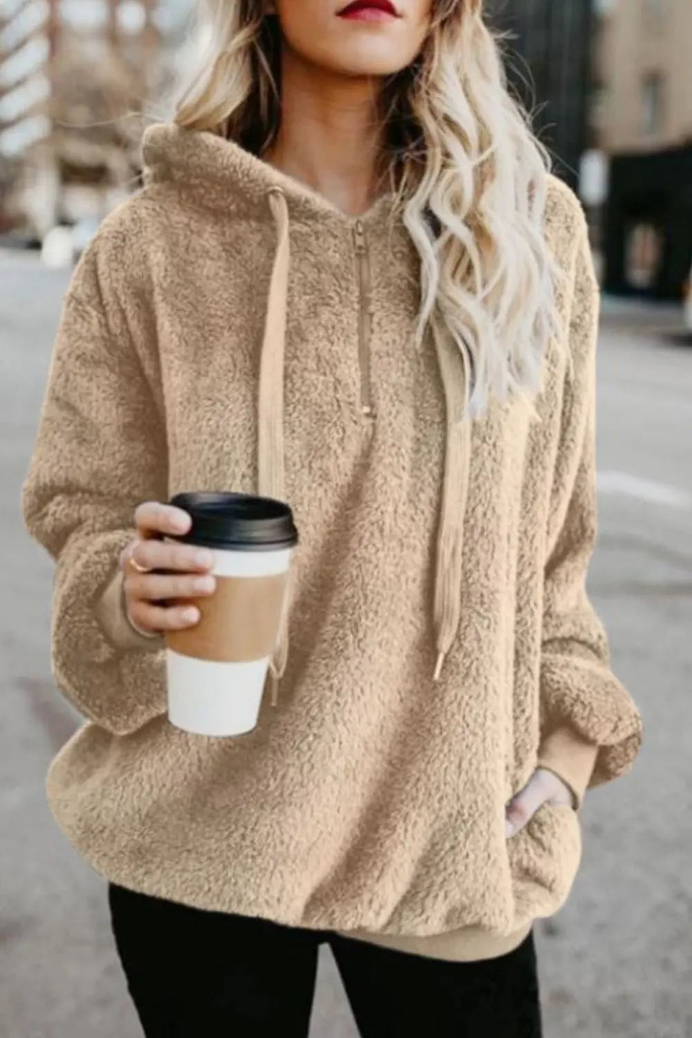 Full Size Quarter-Zip Drawstring Teddy Hoodie Trendsi