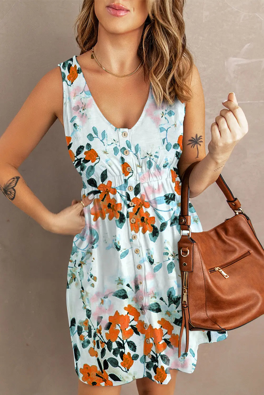 Printed Button Down Sleeveless Dress Trendsi
