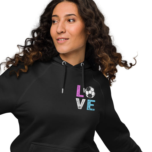 Love Soccer Unisex eco raglan hoodie