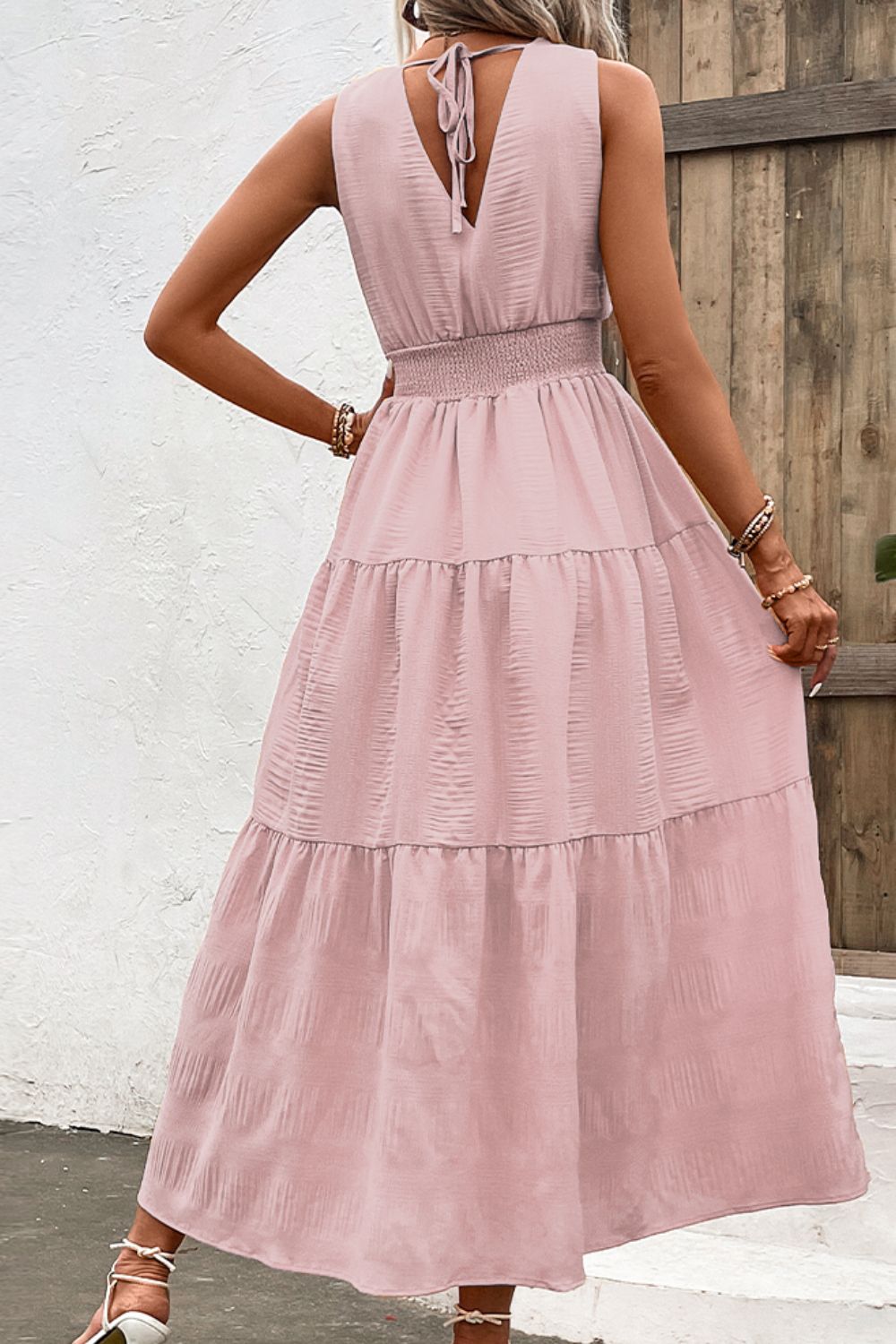 V-Neck Smocked Waist Sleeveless Tiered Dress